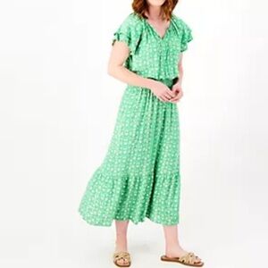 Destination 365 women XL Printed Short-Sleeve Midi Dress Smocking Green Floral
